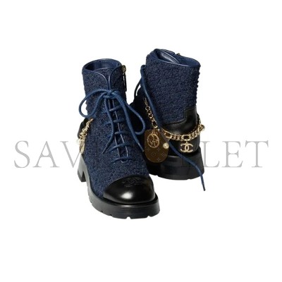 CHANEL LACE-UPS WOOL TWEED, CALFSKIN & METAL NAVY BLUE & BLACK G39393 Y56125 K4839